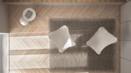 Blur background interior design, minimal living room with armchair carpet, parquet floor and panoramic window, scandinavian architecture, top view