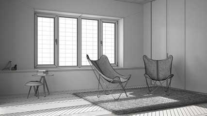 Unfinished project draft interior design, minimal living room with armchair carpet, parquet floor and panoramic window, scandinavian architecture