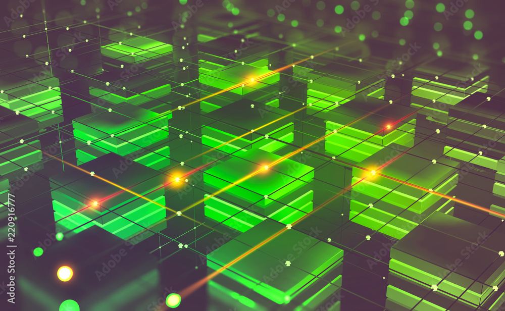 Aufkleber Blockchain technology. Futuristic mining farm. Cyberspace abstract concept. Fintech technology. 3D illustration on a technological background