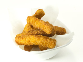 Chicken sticks in cup on a white background,Close up.