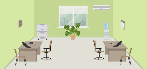 Green office room. There are two desks, beige chairs, a copy machine, a water cooler, a conditioner, a flower on a window background in the picture. Vector illustration.