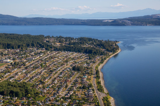 Aerial view of Powell River during a sunny summer day. Located in Sunshine Coast, BC, Canada.