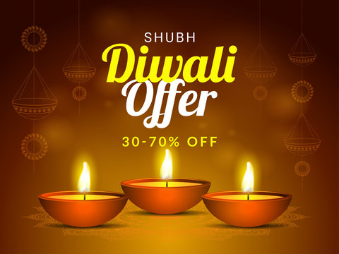 Shubh (Happy) Diwali offer 30-70% off for festival celebration concept with illustration of illuminated oil lamps on shiny brown background.