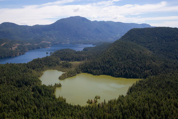 Fototapeta na wymiar Aerial view of Ambrose Lake Ecological Reserve and Ruby Lake during a sunny summer day. Taken in Sunshine Coast, BC, Canada.
