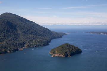 Aerial view of Bowen Island during a sunny summer day. Located in Howe Sound, Northwest of Vancouver, BC, Canada.