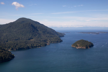 Aerial view of Bowen Island during a sunny summer day. Located in Howe Sound, Northwest of Vancouver, BC, Canada.