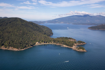 Aerial view of Bowen Island during a sunny summer day. Located in Howe Sound, Northwest of Vancouver, BC, Canada.