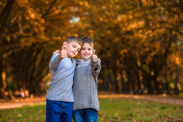 Fototapeta premium Two brothers in jeans walking in the autumn park.