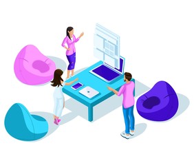 Isometrics students, discussion, online timetable, correspondence, young people. Bright modern holographic design