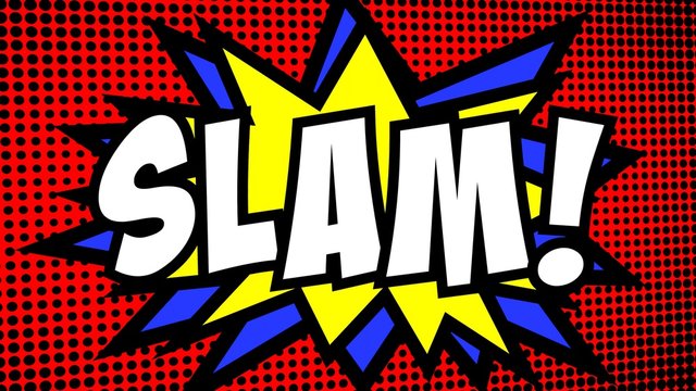 A comic strip cartoon with the word Slam. Green and halftone background, star shape effect.
