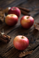 Autumn red apples with cinnamon sticks