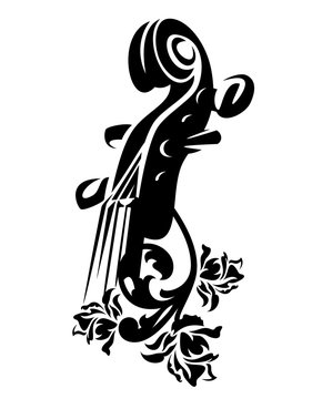 violin musical instrument among rose flowers - black and white vector design
