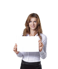 Fototapeta premium young business woman showing blank sheet.isolated on white