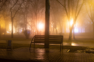 Alley of the evening misty park with burning lanterns, trees and benches. Night city autumn park