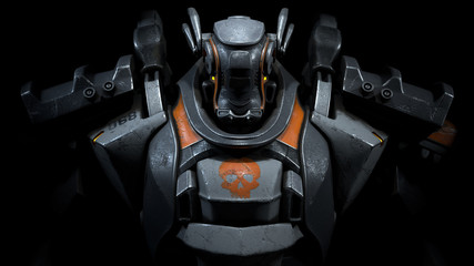 Sci-fi mech soldier on a black background. Military futuristic robot warrior with white and gray color metal. Scratched metal armor robot. Big robot mech with orange paint. Front view. 3D rendering. - obrazy, fototapety, plakaty