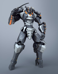 Mech samurai warrior standing and holding two swords. Robot with a katana on his shoulder. Futuristic robot with white and gray color metal. Sci-fi Mech Battle. 3D rendering on gray background.
