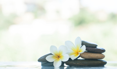 Fototapeta na wymiar spa set of two flowers and stones for massage treatment with sunlight