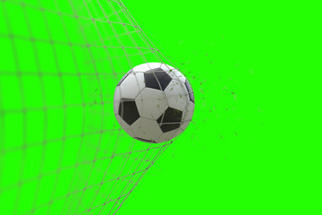soccer ball in goal with grass leaves that raises effect on chroma key green screen background, concept of competition and leisure game equipment