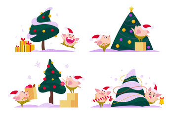 Obraz premium Vector flat collection of Merry Christmas happy pig elf at New year tree - ring bell, carry lollipop & gift box, jump happy, decorate fir tree - isolated on white background. Web banner, card, package