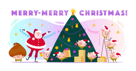 Fototapeta premium Vector flat illustration with Santa Claus laugh and 8 little round pig elf in Santa hat decorating big Christmas tree, carry boxes and huge bad. Cartoon style. Perfect for cards, web, packaging etc.