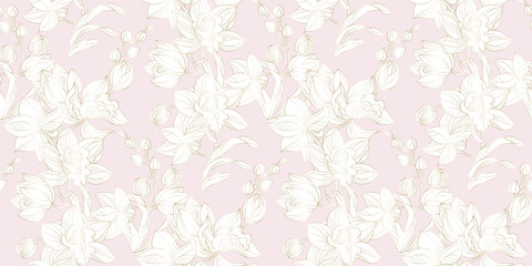 Orchid seamless pattern in pastel and gold color