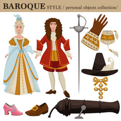 Baroque or 17 century European old retro fashion style of man and woman clothes garments and personal accessories. - obrazy, fototapety, plakaty