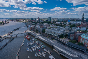 Aerial view of amazing port of Hamburg, Germany. Boats, ships and beautiful buildings.