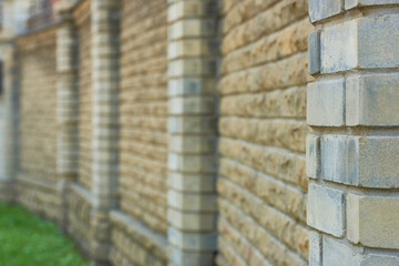 close-up view of brick wall background, selective focus