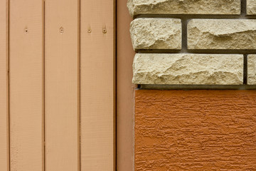 close-up view of bricks, rough wall and wooden planks background
