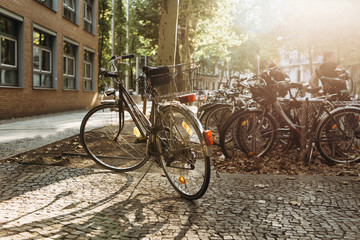 Many bicycles are parked on Leipzig Street in Germany. The photo was taken in the fall at sunset. Ecological transport and a popular means of transportation in Europe.