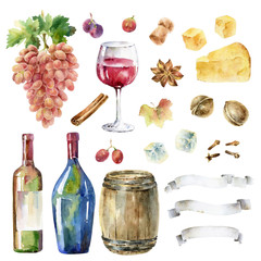 Hand-drawn painted watercolor illustration with bunch of grapes, glass of wine, spices, and other elements - 220925711