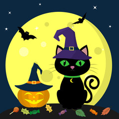 Happy Halloween. A black cat of Halloween in a witch hat sits against a full moon at night. Next to the pumpkin in a hat witches, candy, leaves, volatile vampires and stars.