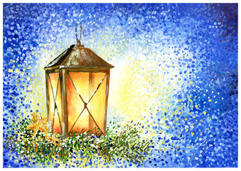 Shining christmas lantern on dark blue background