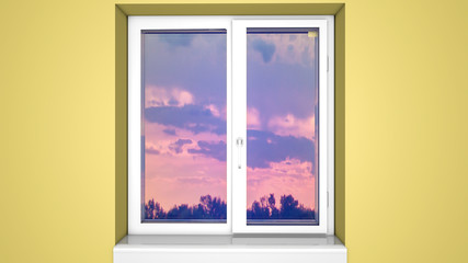 Plastic window overlooking the sunset forest. 3D rendering