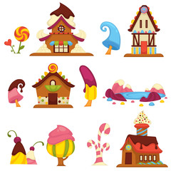 Sweet candy houses and trees cartoon vector icons