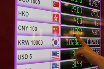 finger and digital chart for exchange money, business and invesment concept.
