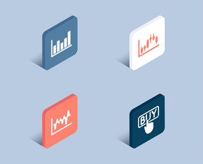 Set of Stock analysis, Column chart and Candlestick graph icons. Buying sign. Business trade, Financial graph, Finance chart. E-commerce shopping.  3d isometric buttons. Flat design concept. Vector