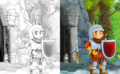 cartoon scene of some guard miner or dwarf near big and colorful castle looking after entrance ot the mine - with coloring page - illustration for children