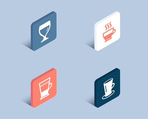 Set of Double latte, Doppio and Wine glass icons. Teacup sign. Tea cup, Coffee drink, Cabernet wineglass. Tea or latte.  3d isometric buttons. Flat design concept. Vector