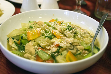 Indonesian tjap tjoy vegetable served in a white stone dish