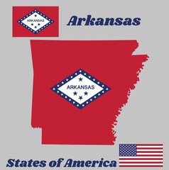 Map outline and flag of Arkansas, A rectangular field of red, a large white diamond, bordered by blue and the word 'Arkansas' and four blue stars, on the blue band are 25 stars. With American flag.