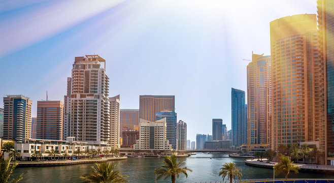 General view of Dubai Marina. Line of the city skyline.