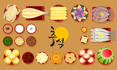 Set of Korean traditional food for Chuseok or Hangawi(Thanksgiving Day), Vector illustration. Korean translation ; " Chuseok "