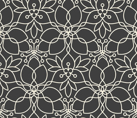 Seamless linear flower pattern on dark grey background