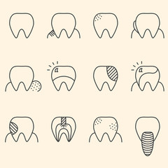 Set of minimalistic teeth illustration with different diseases