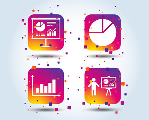 Diagram graph Pie chart icon. Presentation billboard symbol. Supply and demand. Man standing with pointer. Colour gradient square buttons. Flat design concept. Vector