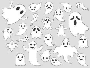 halloween cute ghost icon in various style, outline design editable stroke