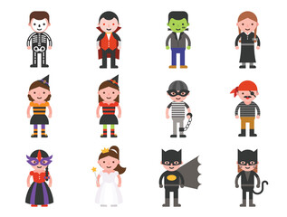 children costume Halloween character such as witch, pirate, skeleton, angel in flat design for trick or treat poster