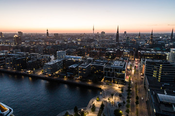 Aerial view of the harbor district, the concert hall 