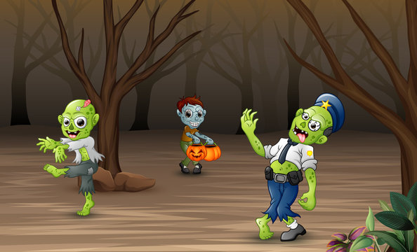 Happy zombie celebrating halloween in dead forest